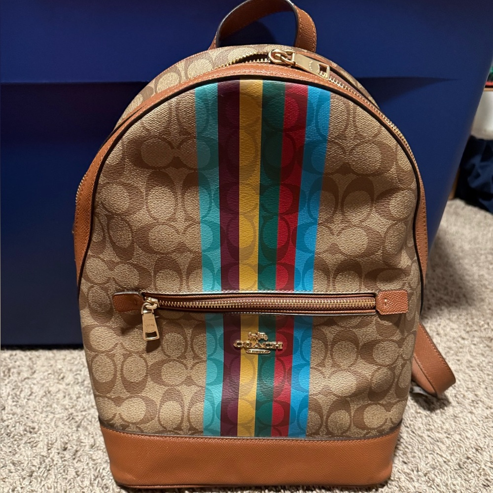 Coach Tan Backpack with Colorful Stripes